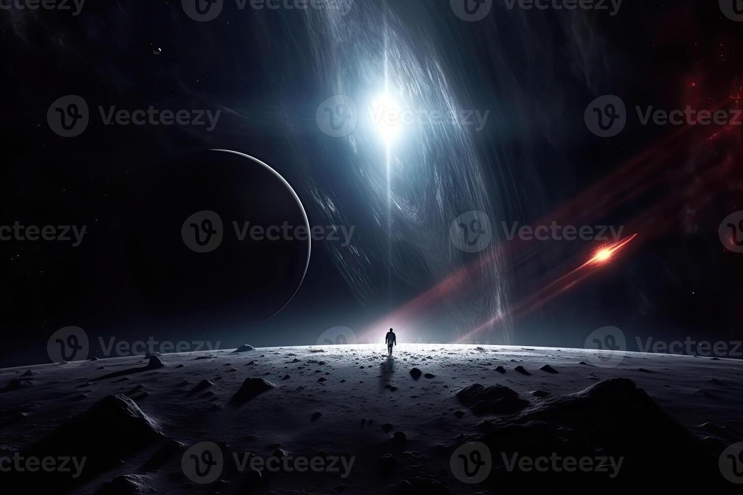 An astronaut stands alone on the unknown planet. The space environment background. photo