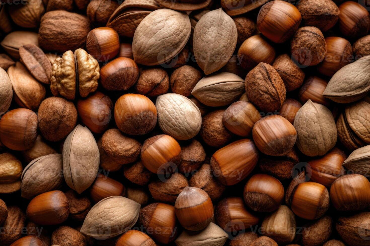 Natural background made from different kinds of nuts, top view. photo
