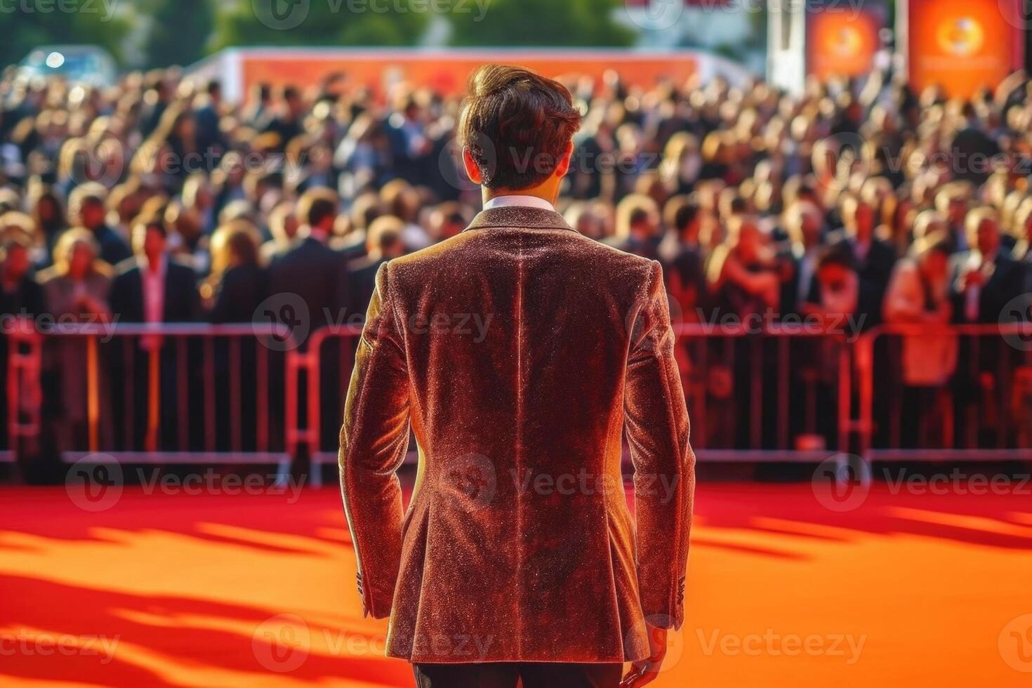 World entertainment star on the red carpet of a festival back view. Generative AI photo