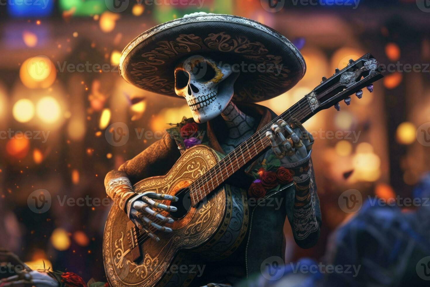 A skeleton mariachi playing the guitar. The Day of the Dead style. Generative AI photo