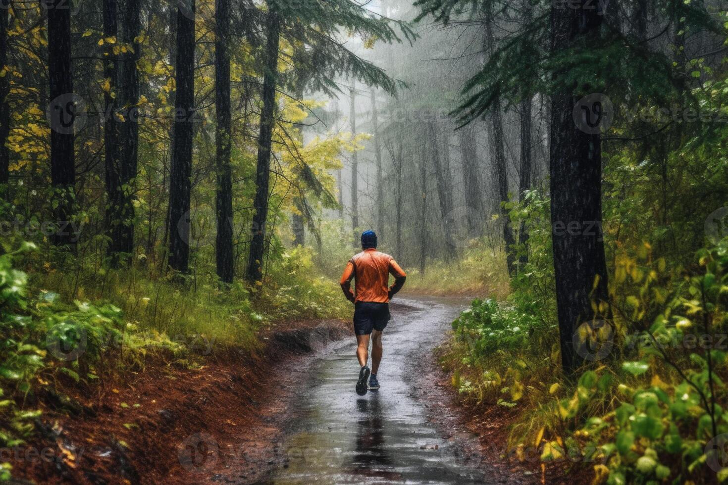 Man runner in sports jacket run forest trail in the rain, back view. photo