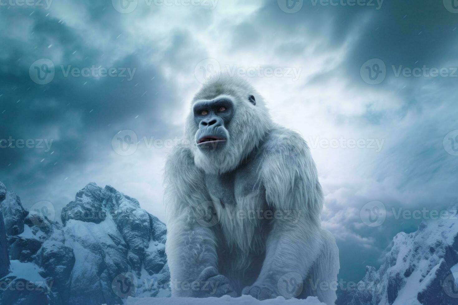 un blanco gorila soportes en un Nevado montaña cima. animal retrato. generativo ai foto