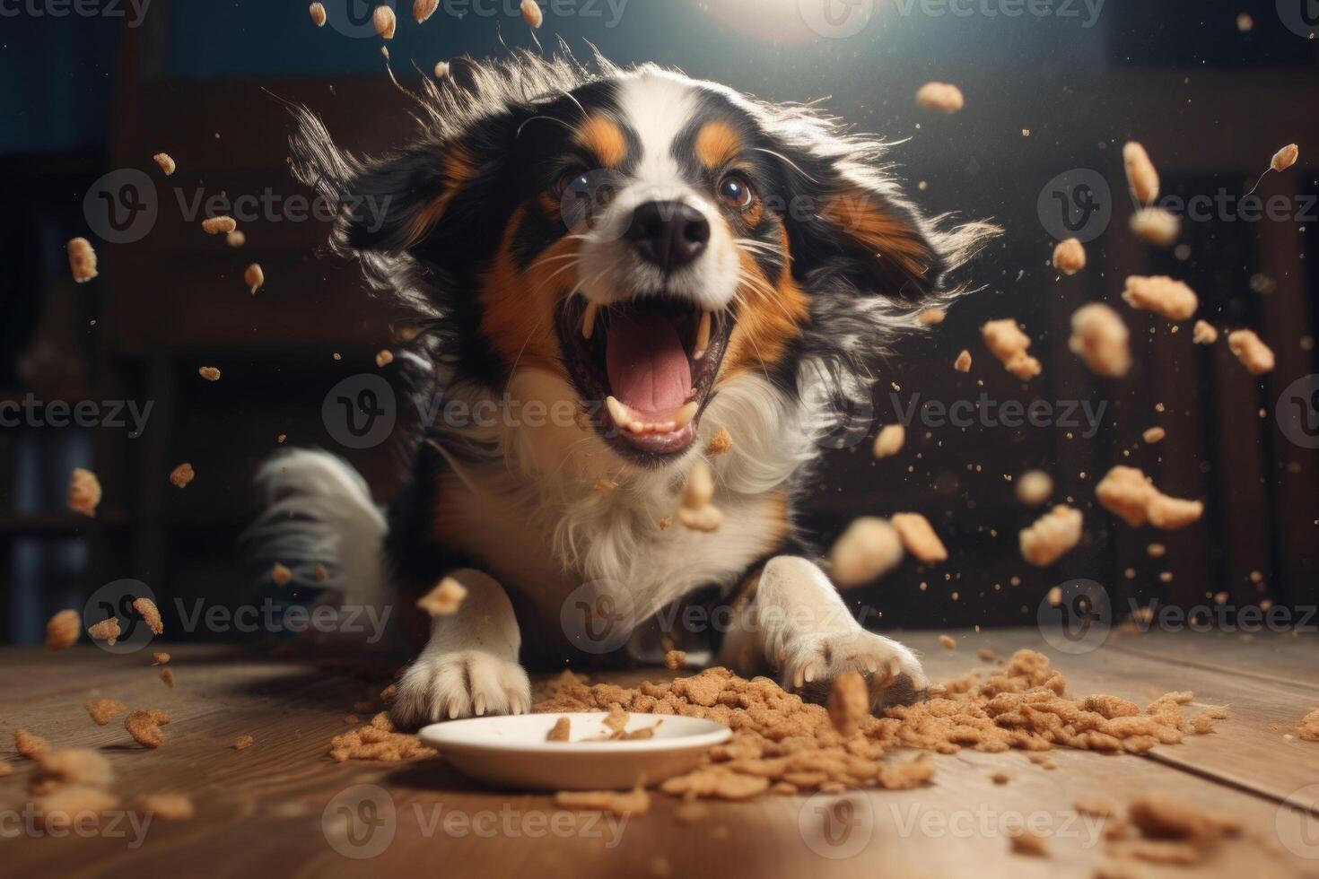 The dog eats food from a bowl, food particles fly into the air. Generative AI photo