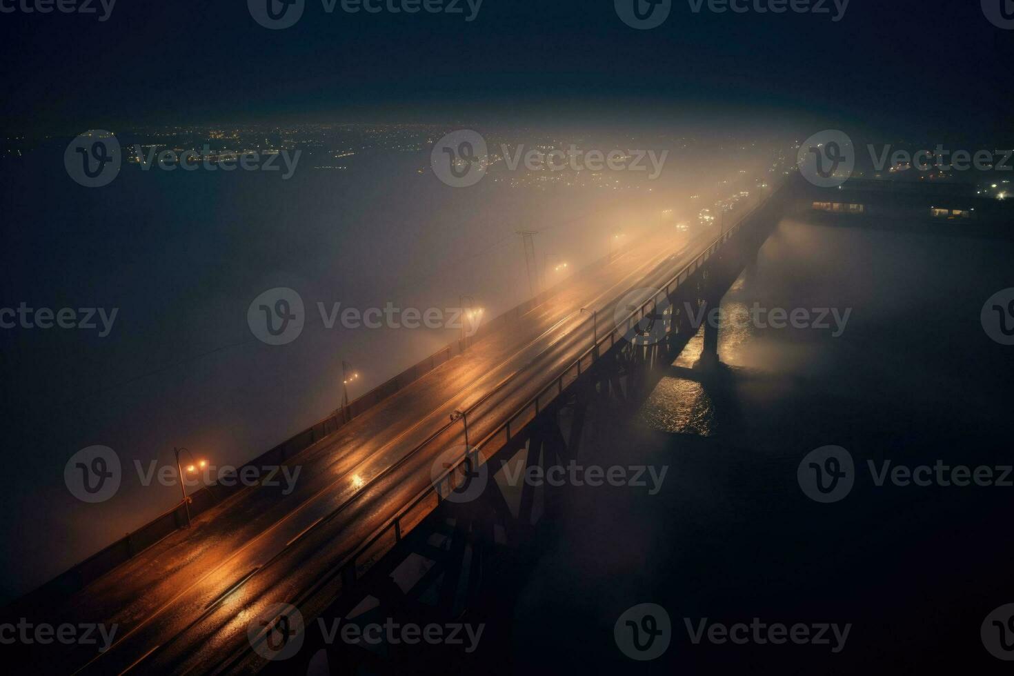 The foggy bridge with a street light on the side. The night bridge covered in the fog. Generative AI photo