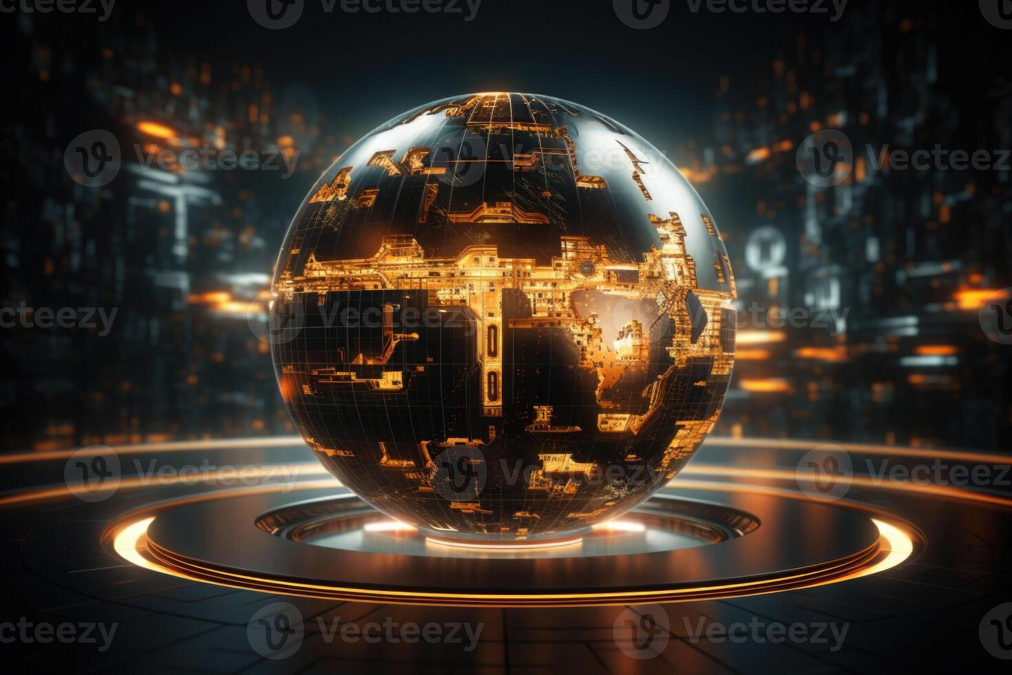 World globe in cyber world of information. Future and industry concept with communication and technology. photo