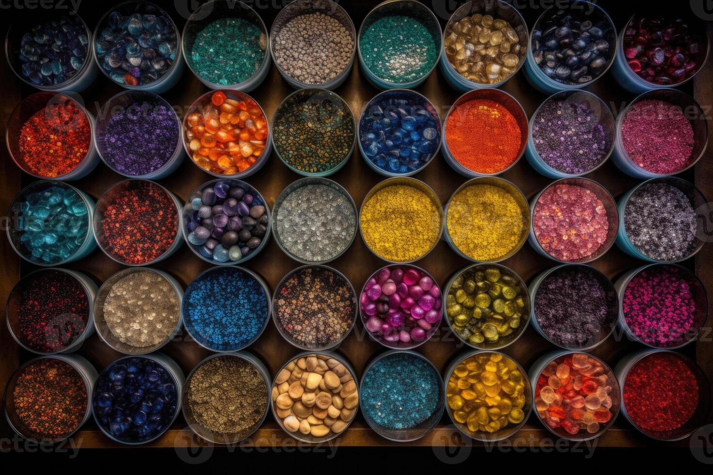 A top view of the bowls with gemstones. Natural gemstone mineral material for jewelry. photo