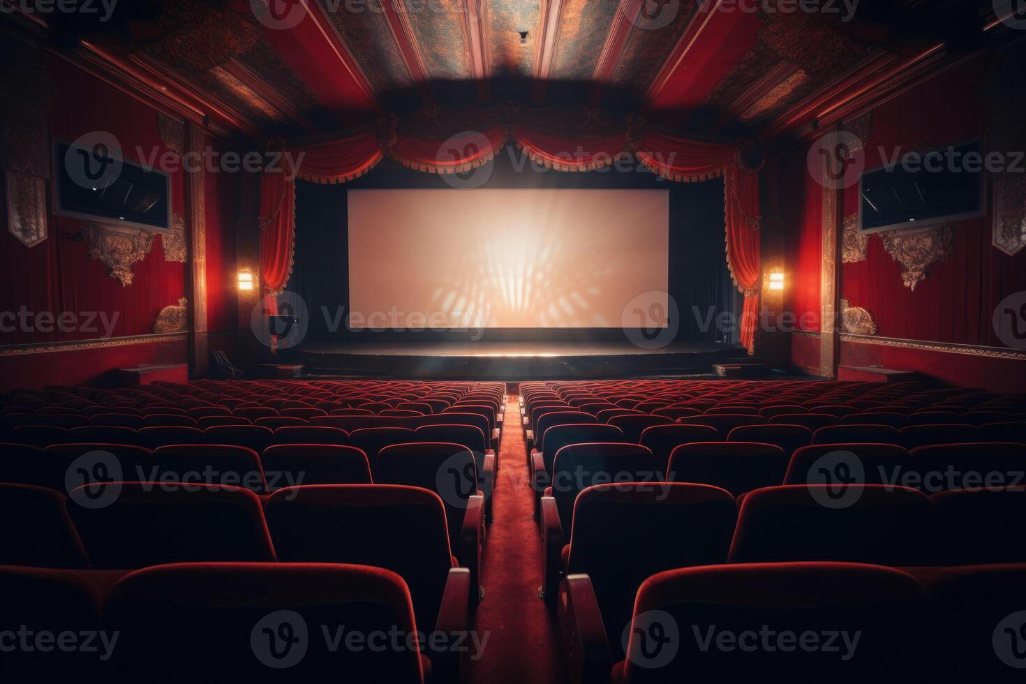 Empty modern movie theatre interior with screen and seats. photo