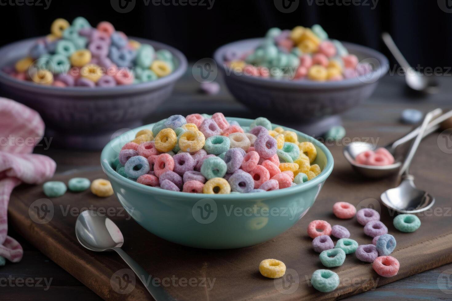 Pastel colored froot loops with small spoon. Delicious fruit cereal rings. Generative AI photo