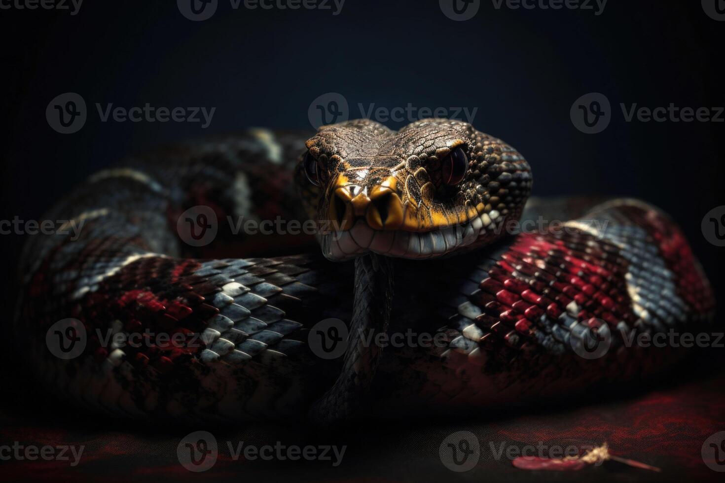Ancient reptile with red eyes. Dangerous poisonous exotic snake. photo