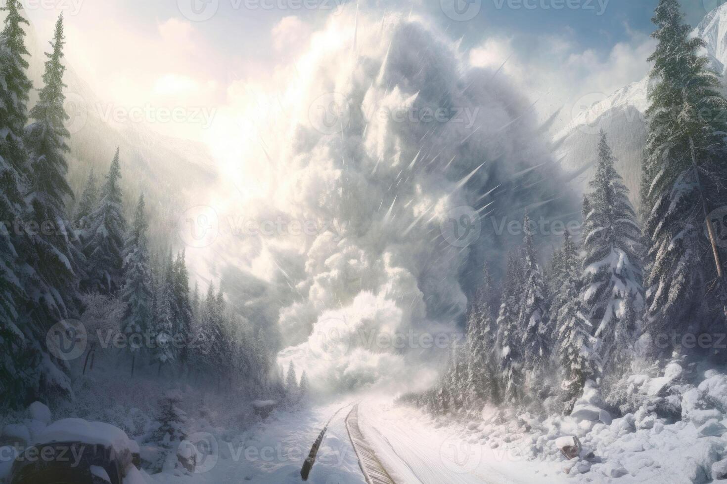 An avalanche is rumbling down a steep mountain slope. photo