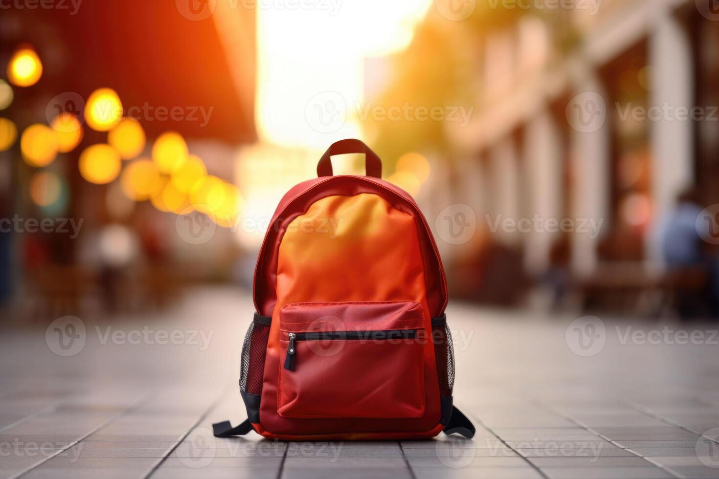 School backpack on blurred background. Back to school, education, study concept. photo