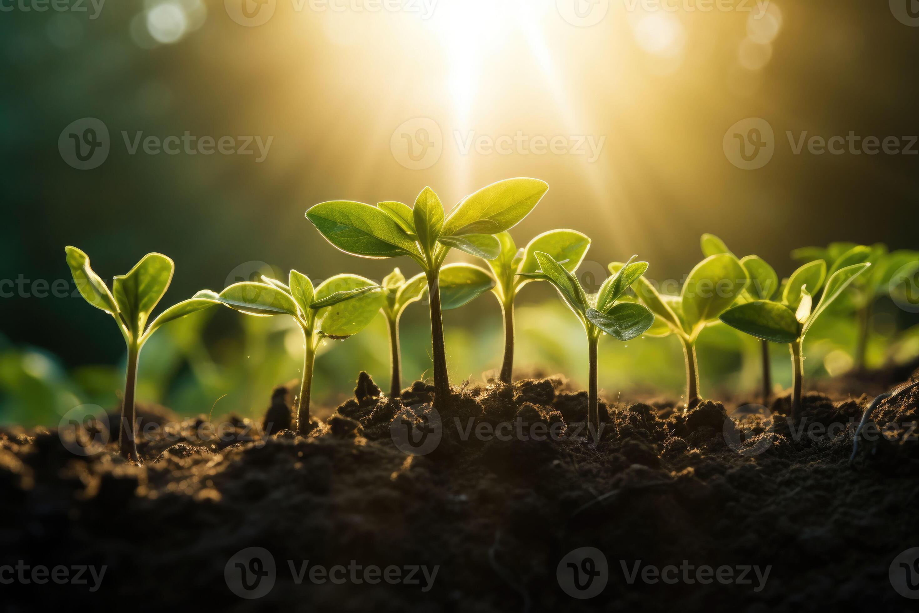 The seedlings are growing from the soil with the morning sun Green