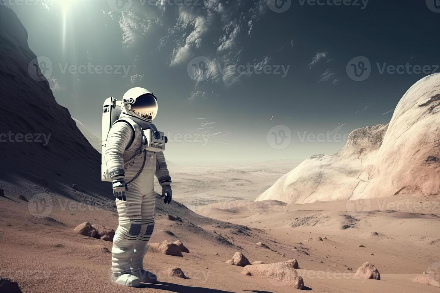 The astronaut in space suit walking on planet. Exploration of the planet's surface. photo