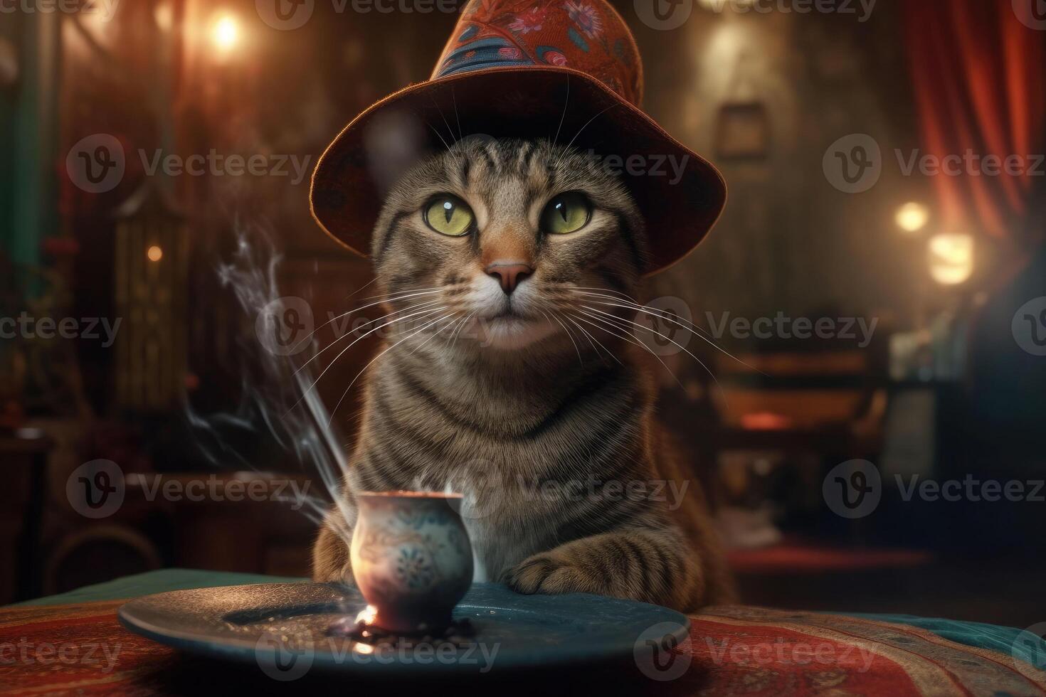 A fortune teller cat with a with tarot cards and candle. Generative AI photo