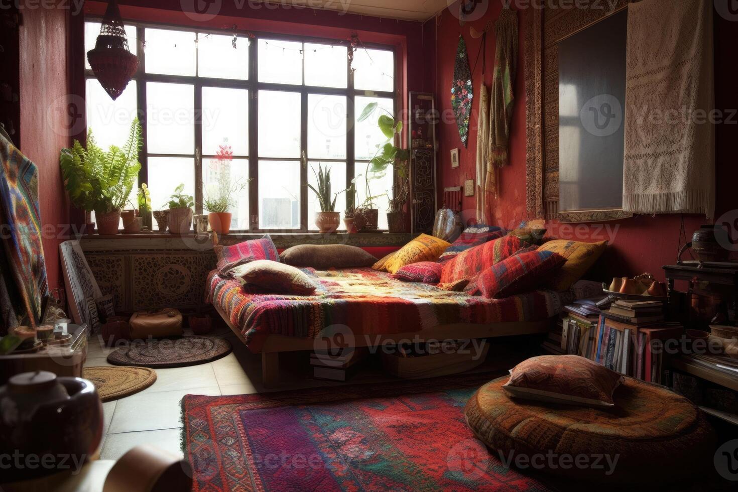 Ornate cozy bedroom in bohemian style. Pillows, plants in flower pot, sofa, carpets and decor on wall. photo