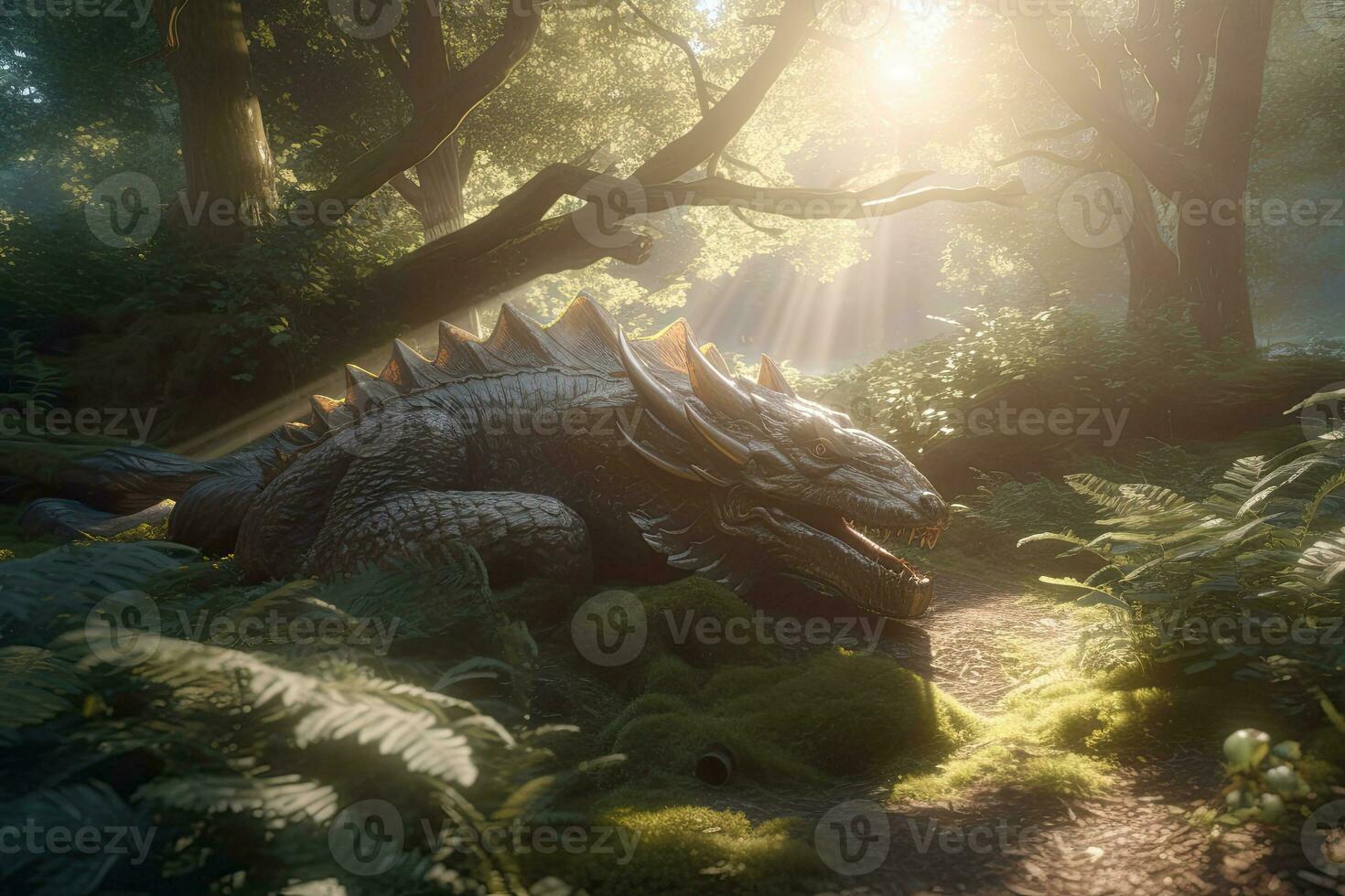 A mighty forest dragon sleeps in the sunlight, in the middle of an ancient forest. Generative AI photo