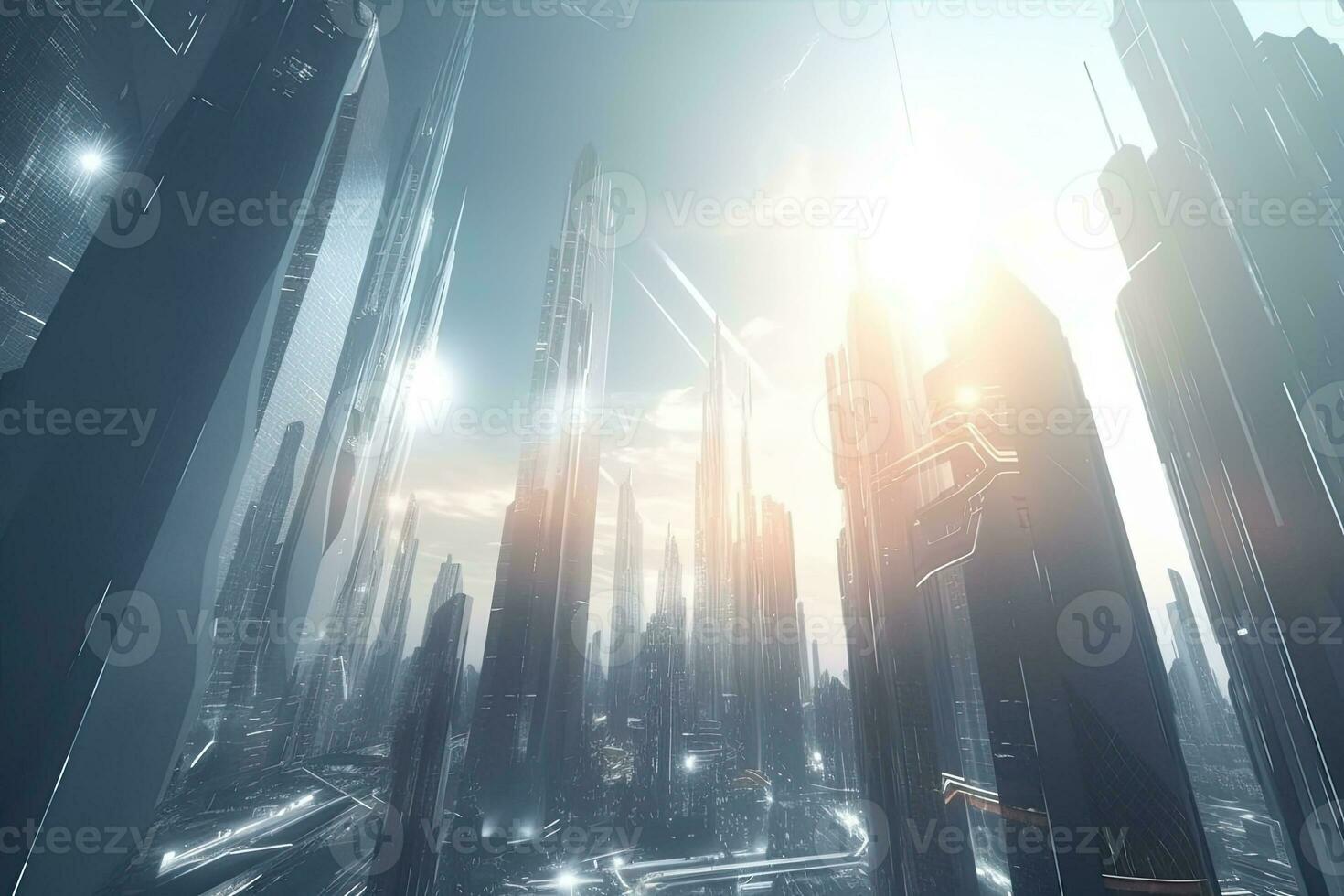 Modern futuristic glowing city with tall skyscrapers and modern technology. Generative AI photo