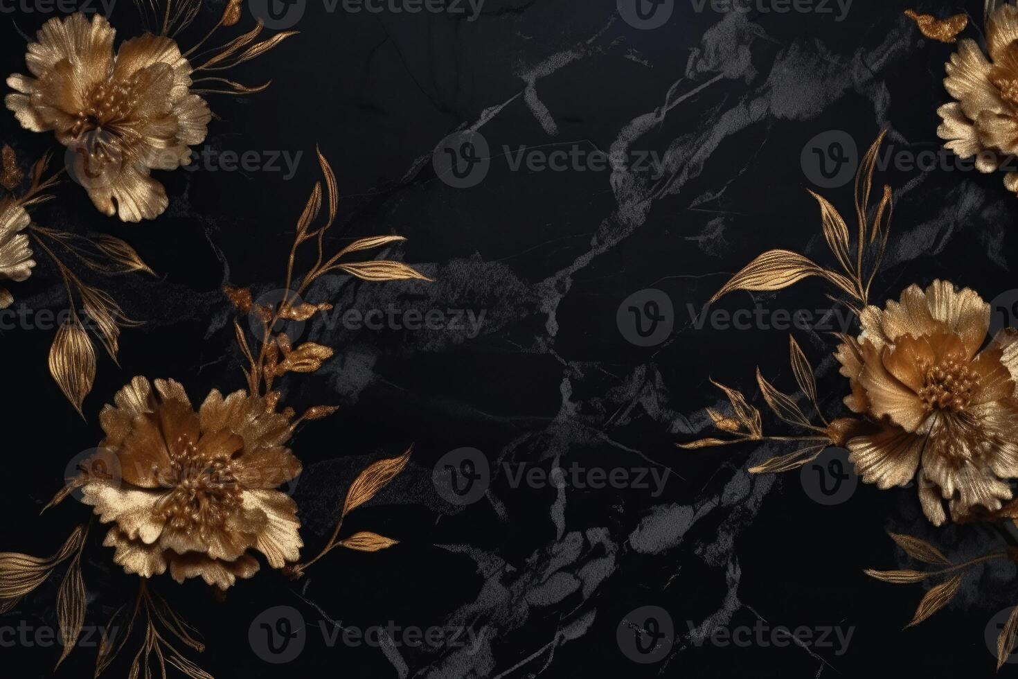 The marble texture in black and gold colors with golden flowers. Luxurious design. Generative AI photo