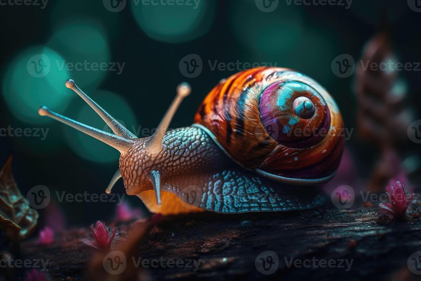 A slow grape snail crawls in the forest. Bokeh in the background. photo