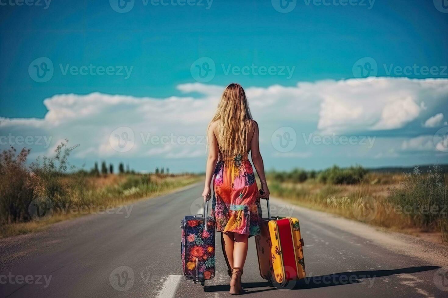 Beautiful millennial woman in casual wear hitchhiking on roadside. Adventure and tourism concept. Generative AI photo