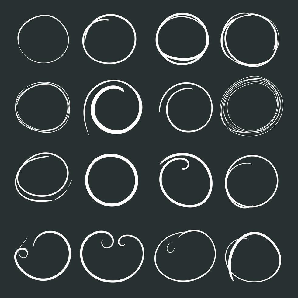 Hand drawn circles icon set. Collection of pencil sketch symbols. Vector illustration on black background.