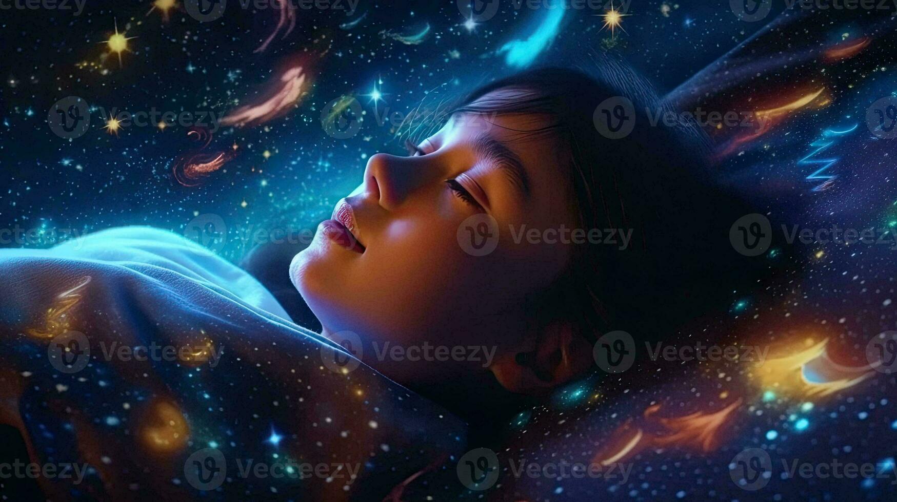 Dreaming Among the Stars 3D Illustration of a Young Asian Woman Sleeping in Deep Space. Generative AI photo