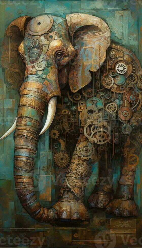 Steampunk Elephant with Cubist Oil Painting Style and Mechanical Intricacy in Rich Browns and Verdigri. Perfect for Posters and Wallpapers. Generative AI photo