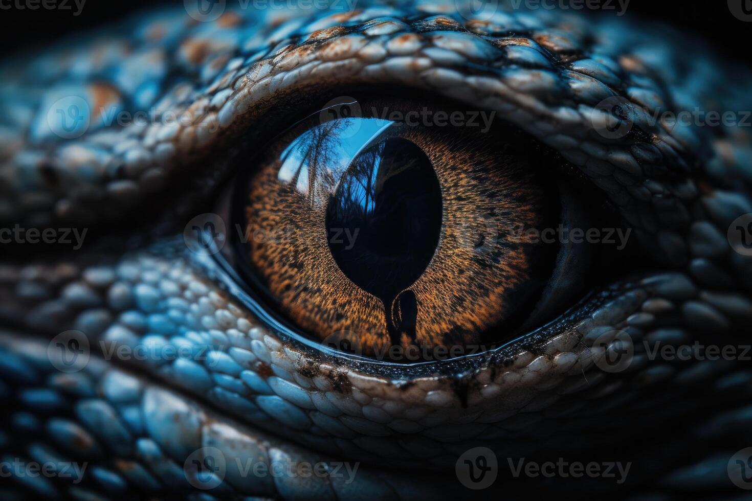 Cinematic Shot of a Blue Eye with a Thin Pupil Resembling that of a Cat or Reptile. Perfect for Posters and Web Design. photo