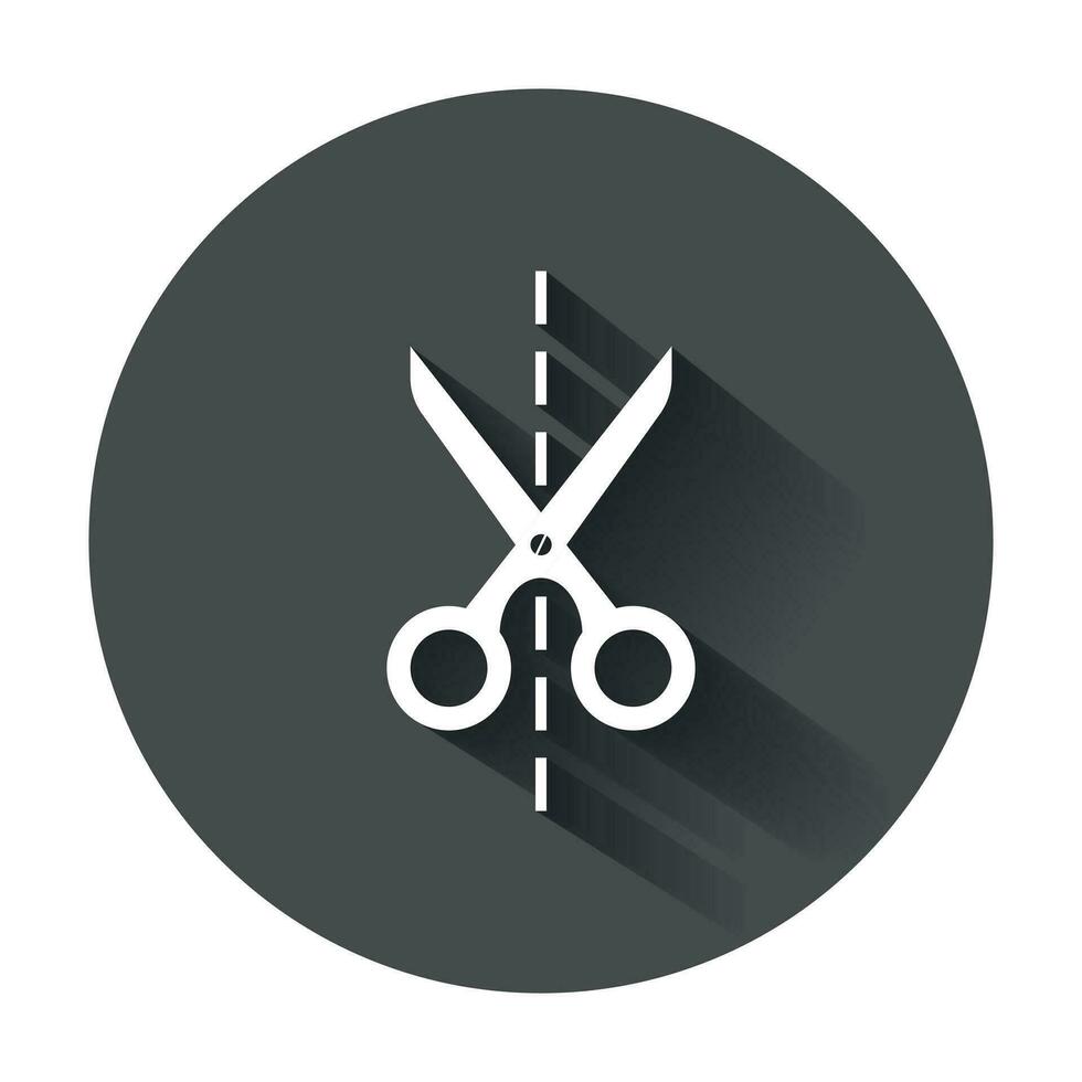 Scissors icon with cut line. Scissor vector illustration with long shadow.