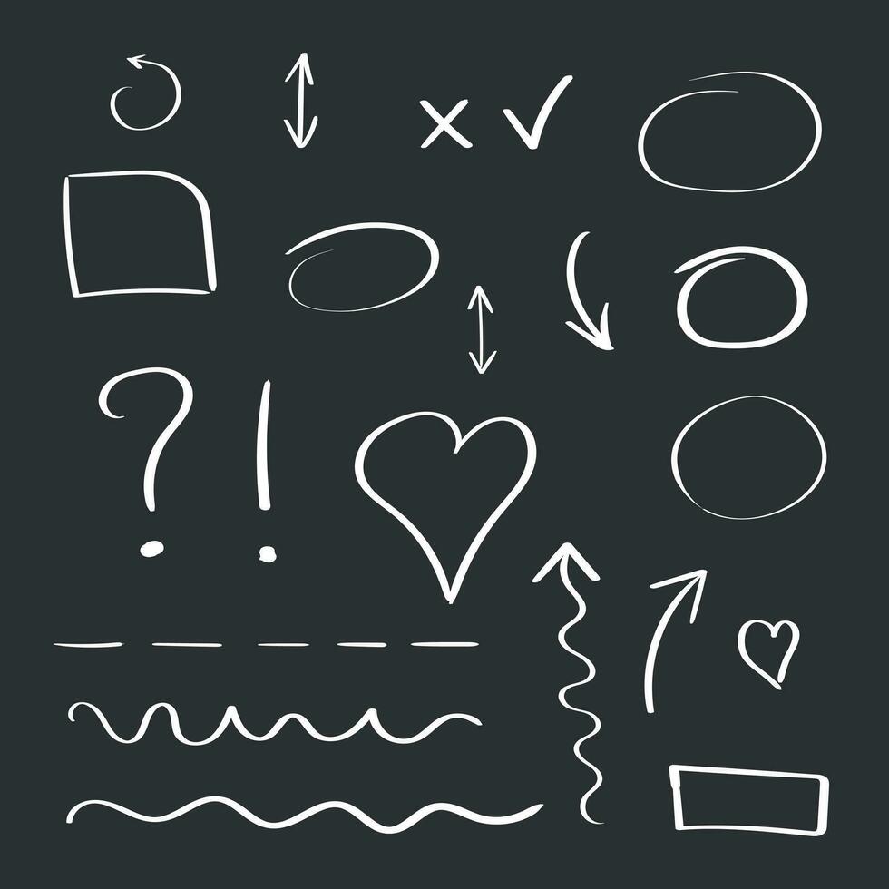 Hand drawn arrows and circles icon set. Collection of pencil sketch symbols. Vector illustration on black background.