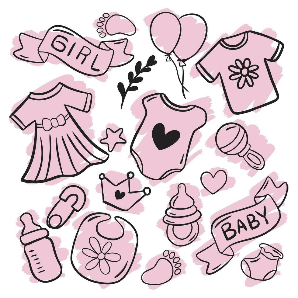 Newborn Baby Girl Stuff Accessories Vector Set