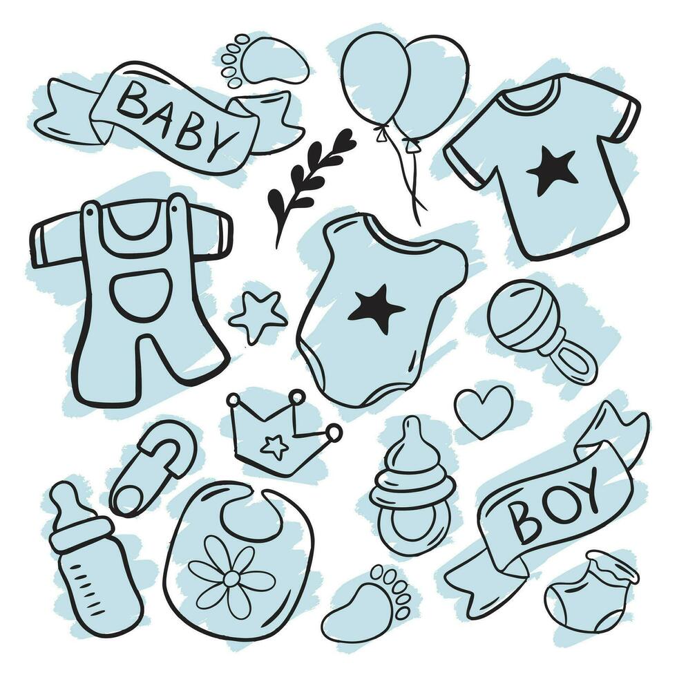 Newborn Baby Boy Stuff Accessories Vector Set