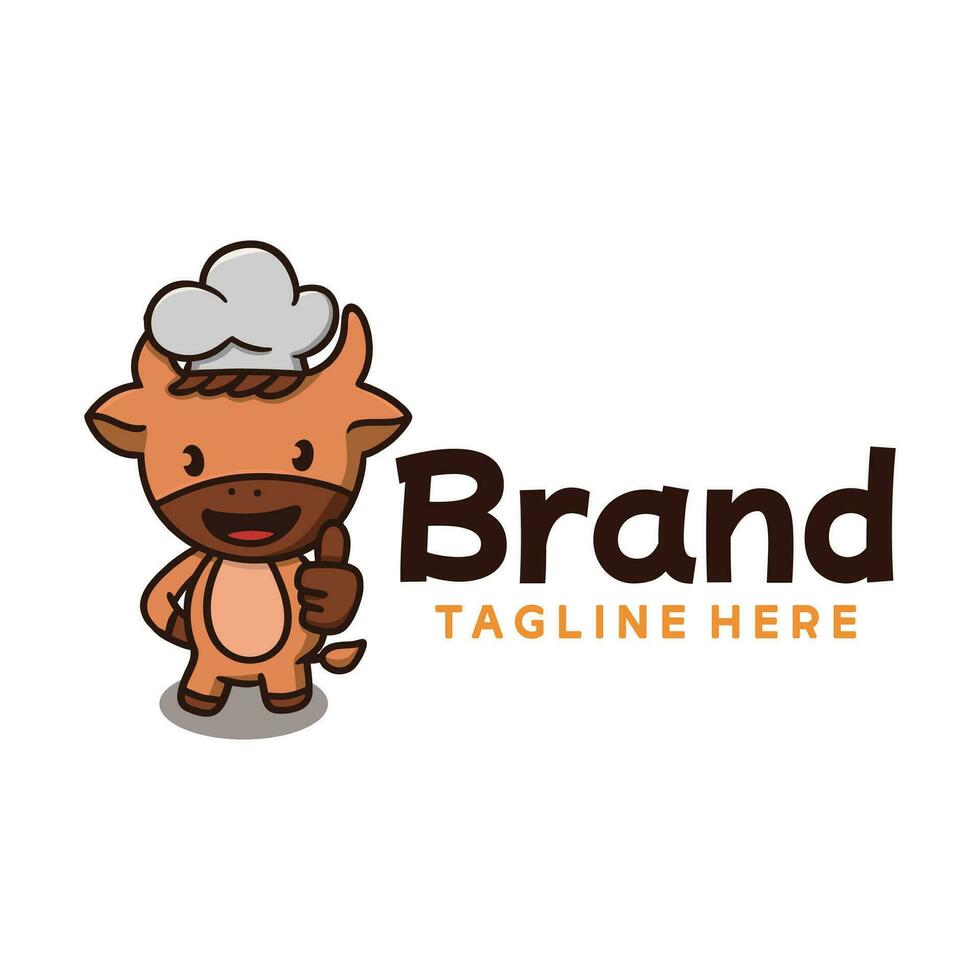 Cute Cow Chef Mascot Thumbs Up Food Logo Design vector