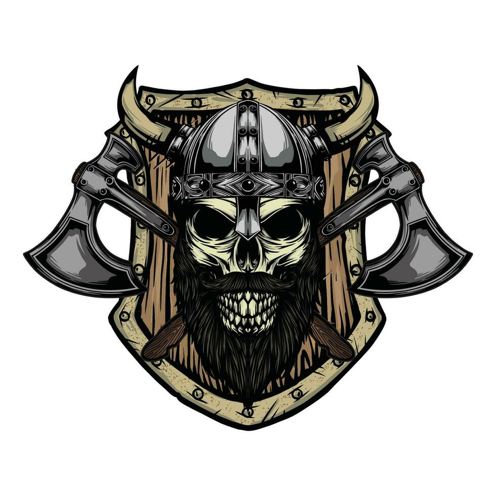 Viking Skull Warrior in vintage hand drawn style vector
