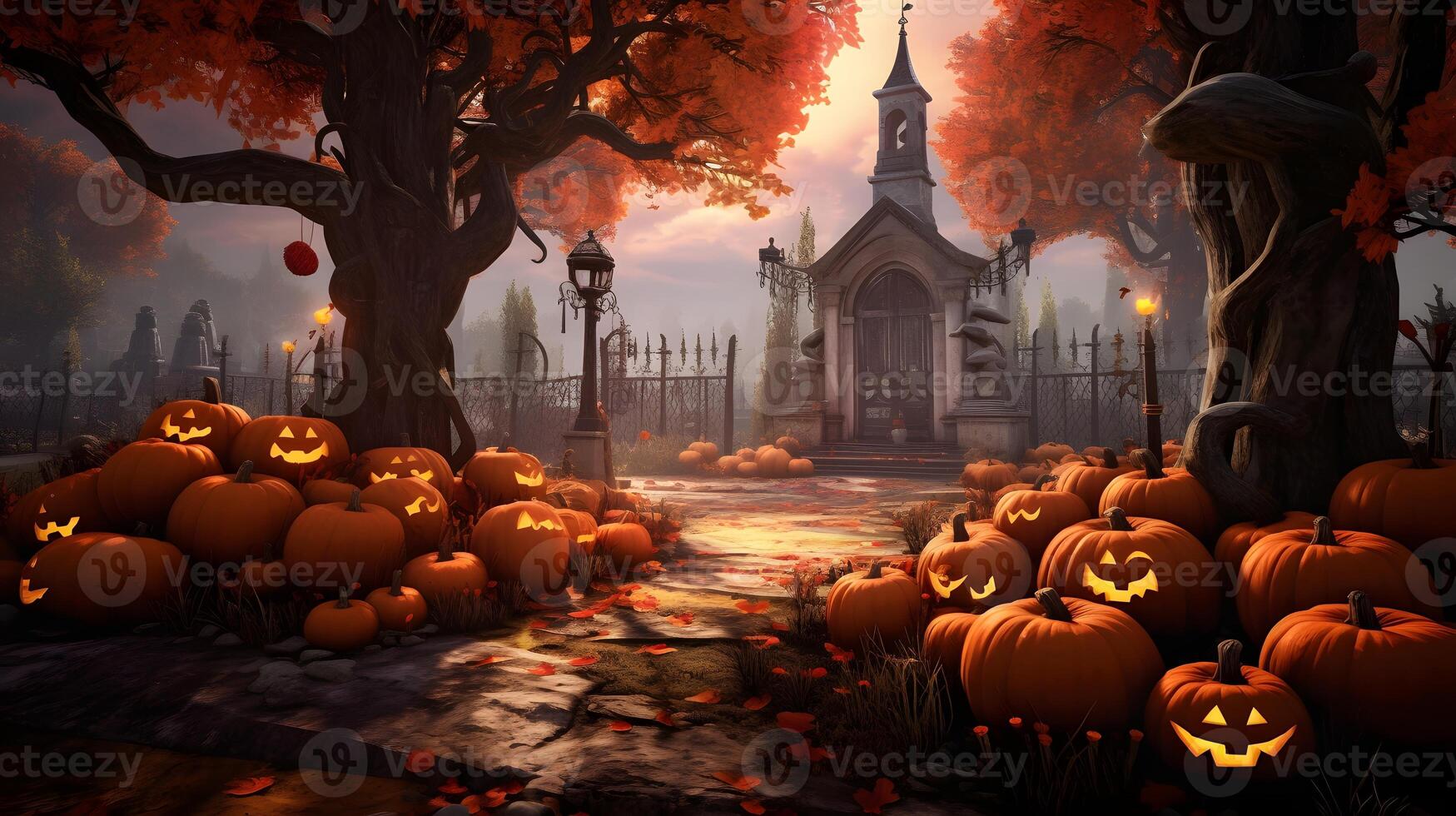 Halloween graveyad with pumkins. AI generated photo