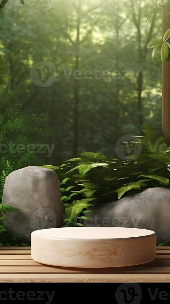 Zen podium, nature bamboo background. . photo