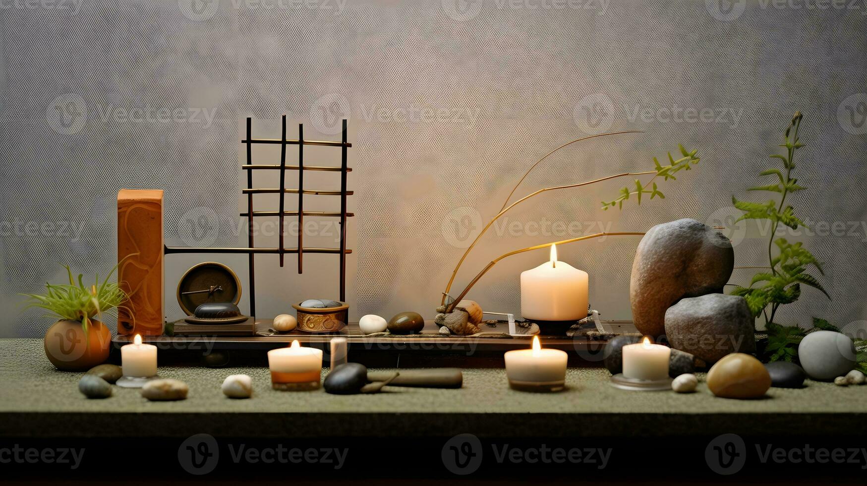 wellness salon concept, burning candles, stones, salt, spa, relaxation photo