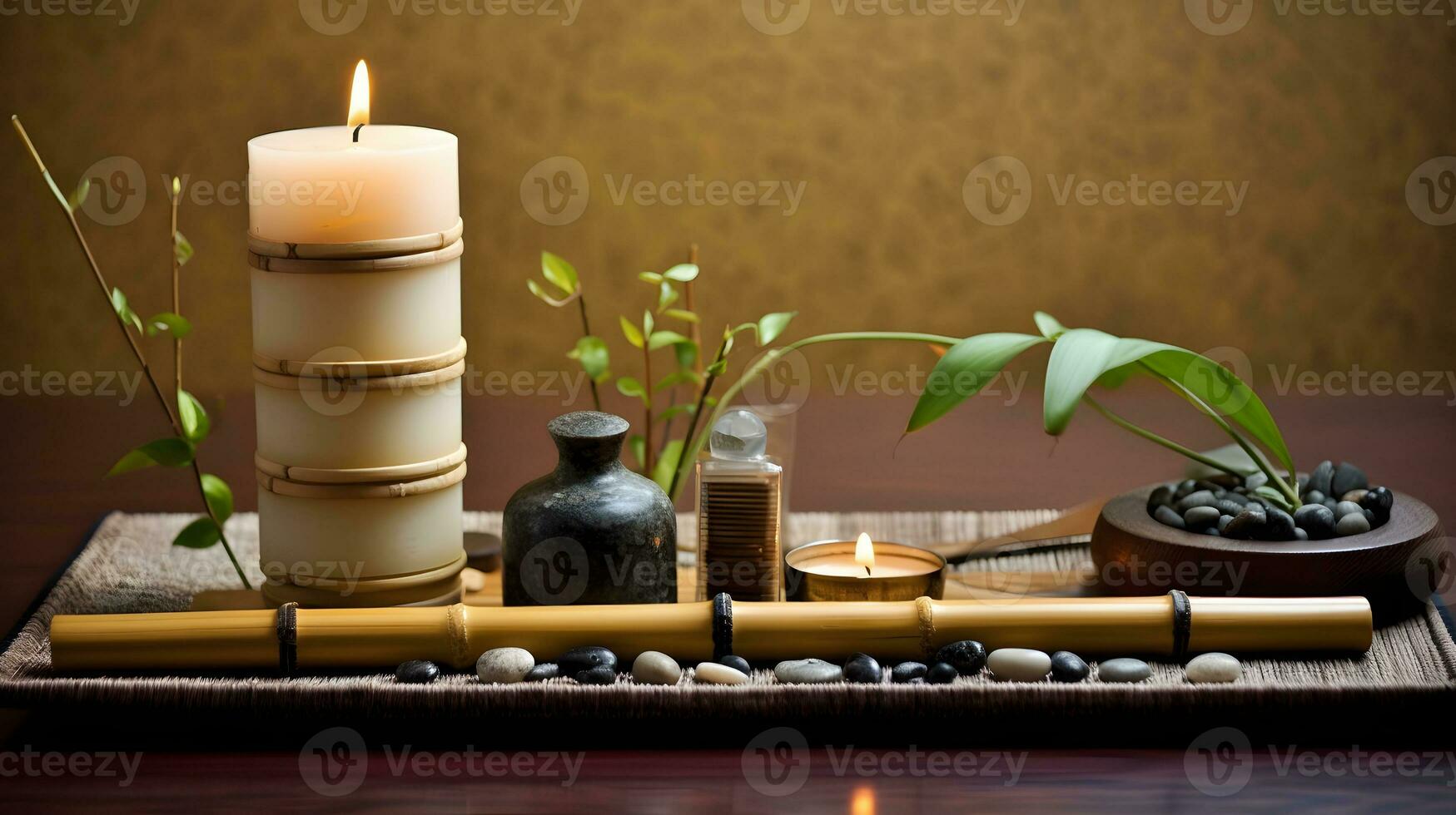 wellness salon concept, burning candles, stones, salt, spa, relaxation photo