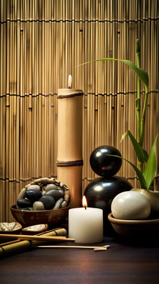 wellness salon concept, burning candles, stones, salt, spa, relaxation photo