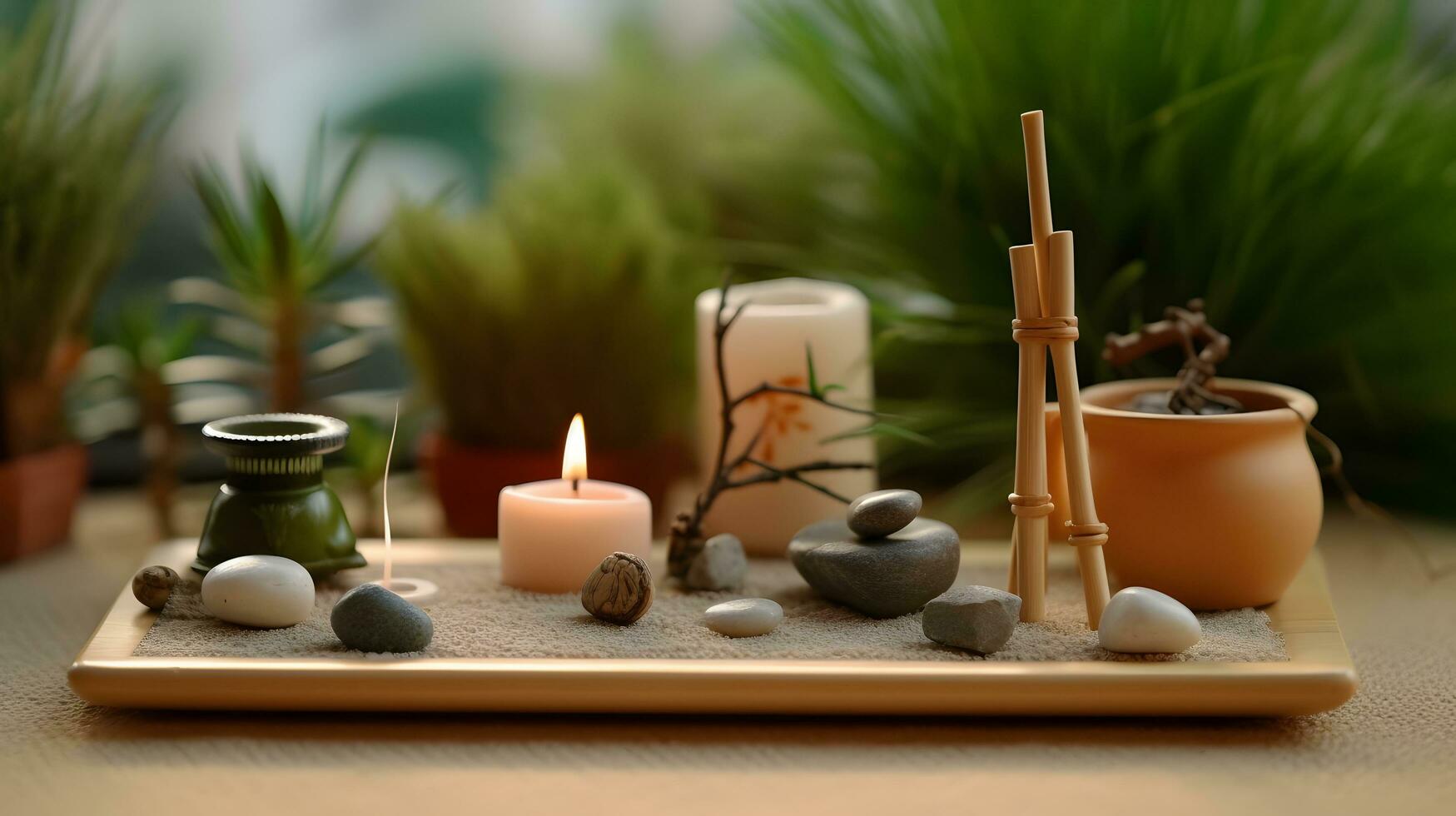 wellness salon concept, burning candles, stones, salt, spa, relaxation photo