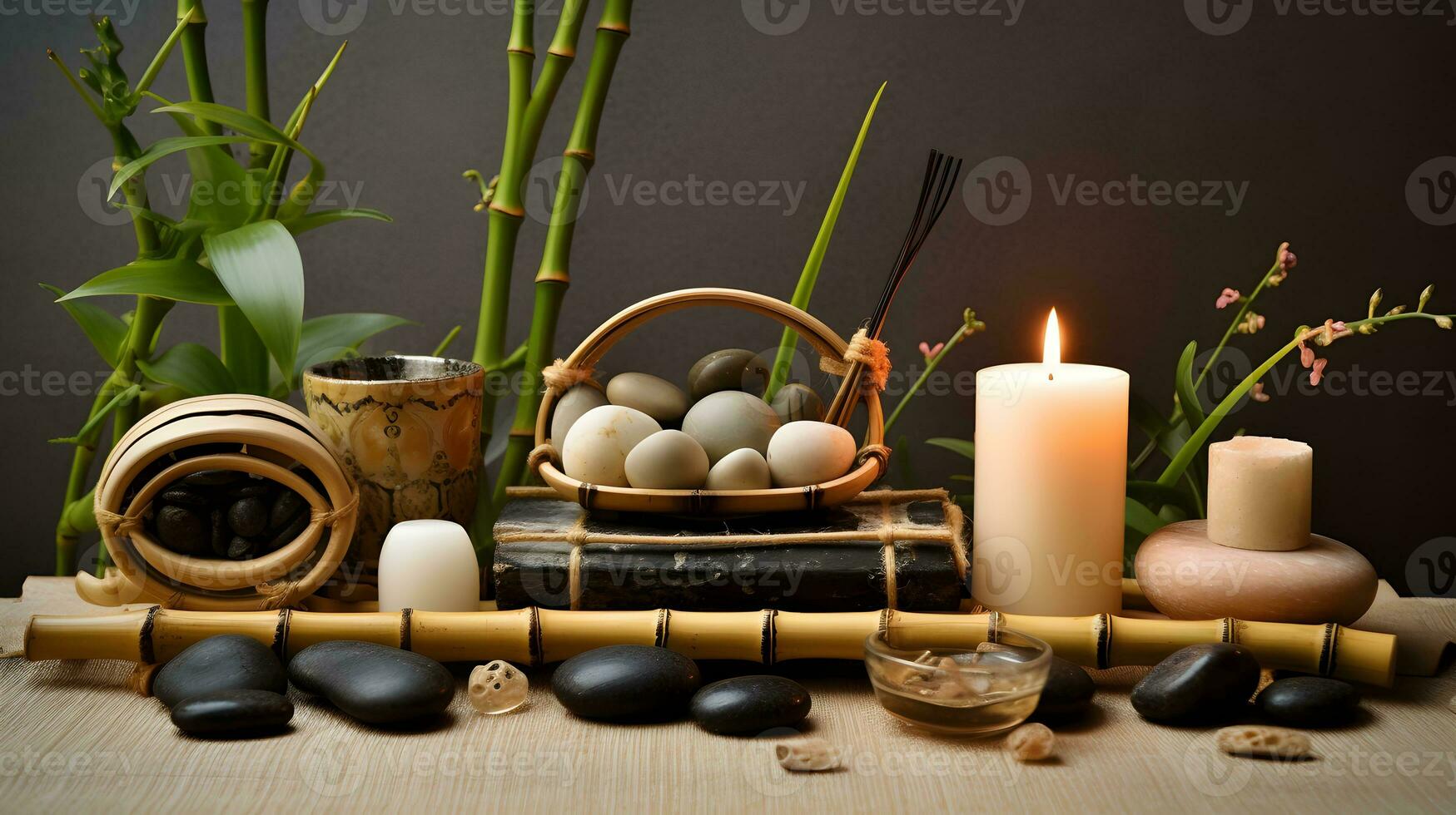 wellness salon concept, burning candles, stones, salt, spa, relaxation photo