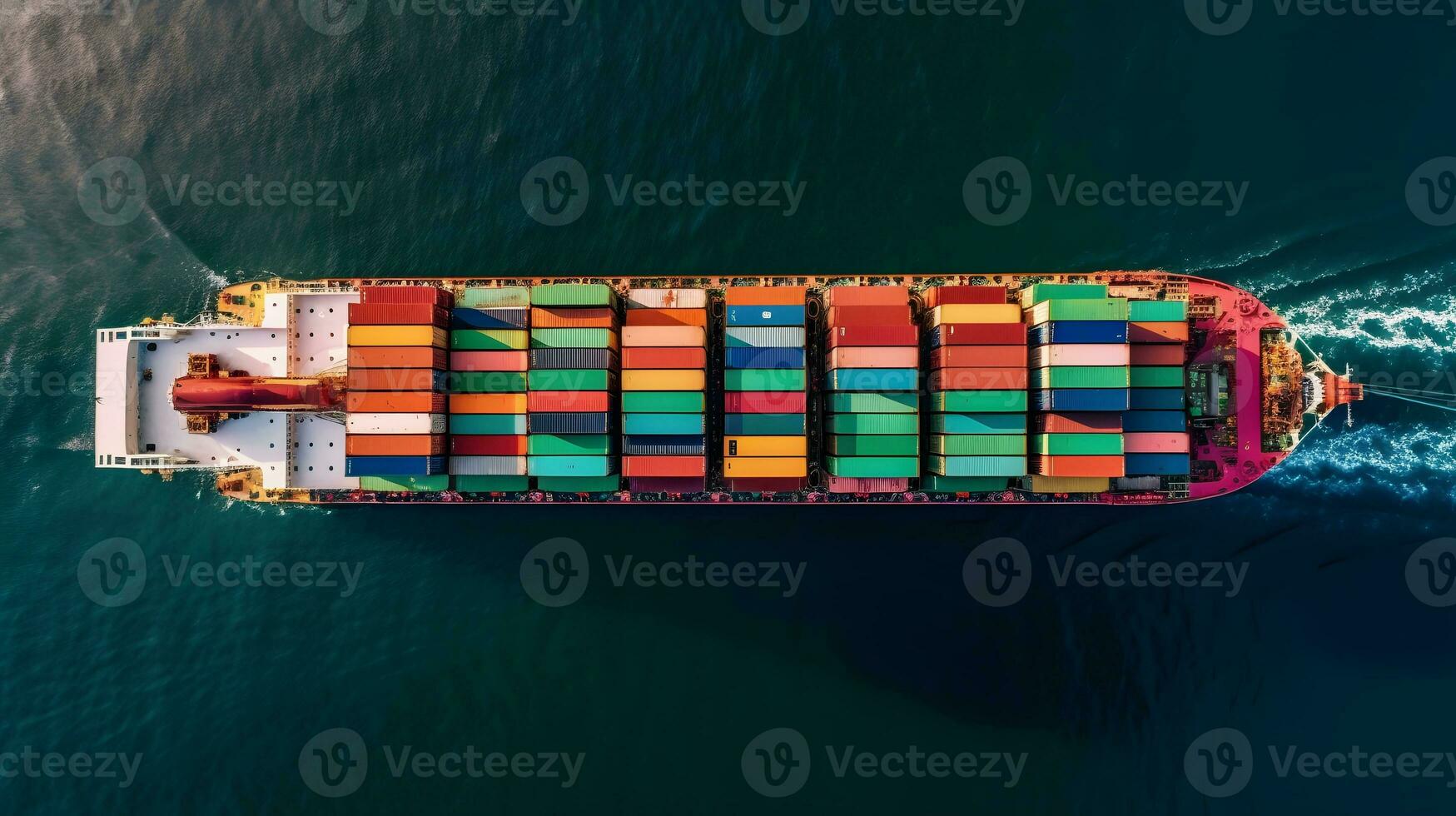 Aerial top down view of a large container cargo ship in motion over open ocean. photo