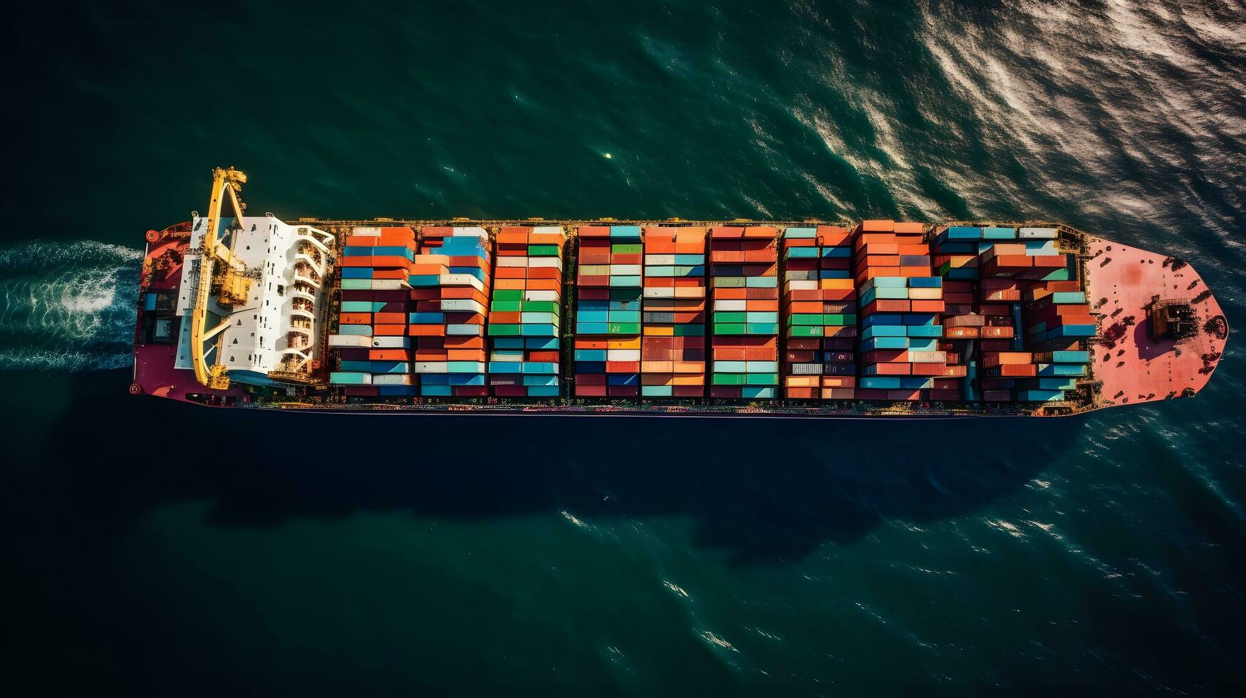 Aerial top down view of a large container cargo ship in motion over open ocean. photo