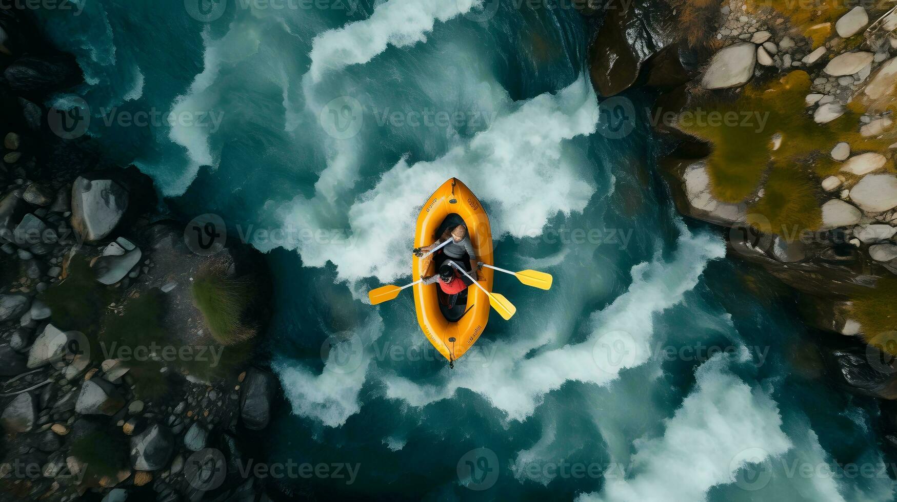 Aerial top view Extreme sport kayak sails mountain river with sun light. Rafting, whitewater kayaking. photo