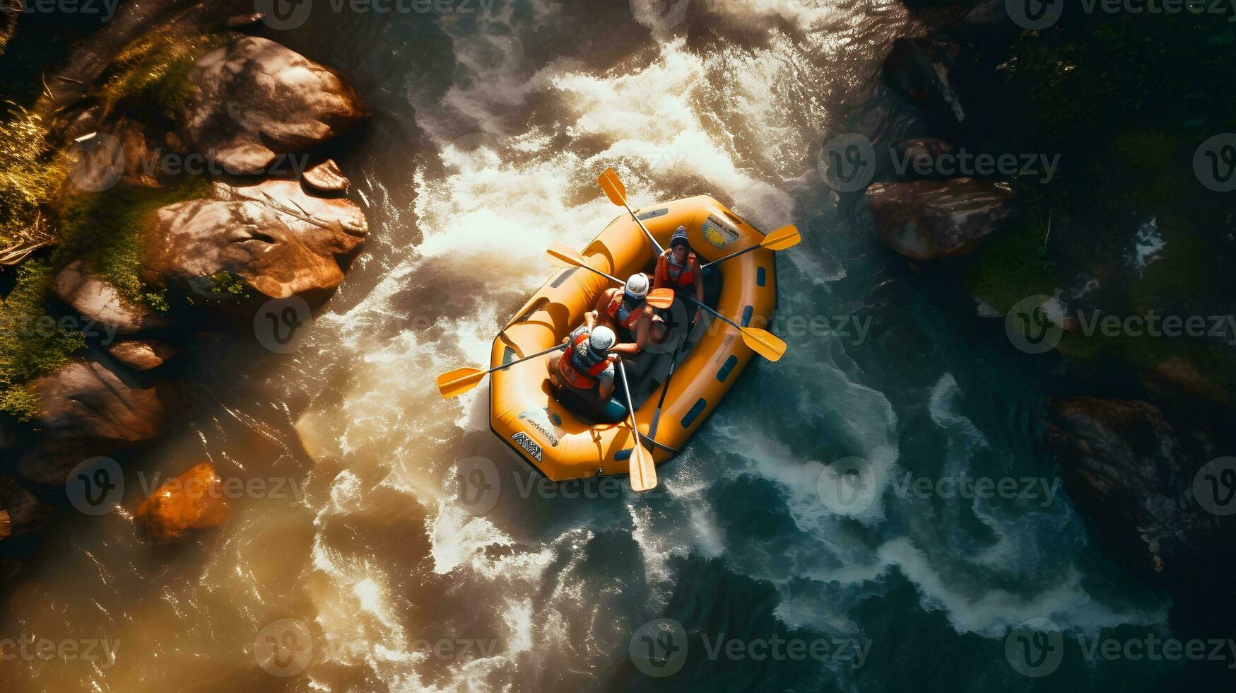 aéreo parte superior ver extremo deporte kayac paño montaña río con Dom ligero. canotaje, agua Blanca kayak foto