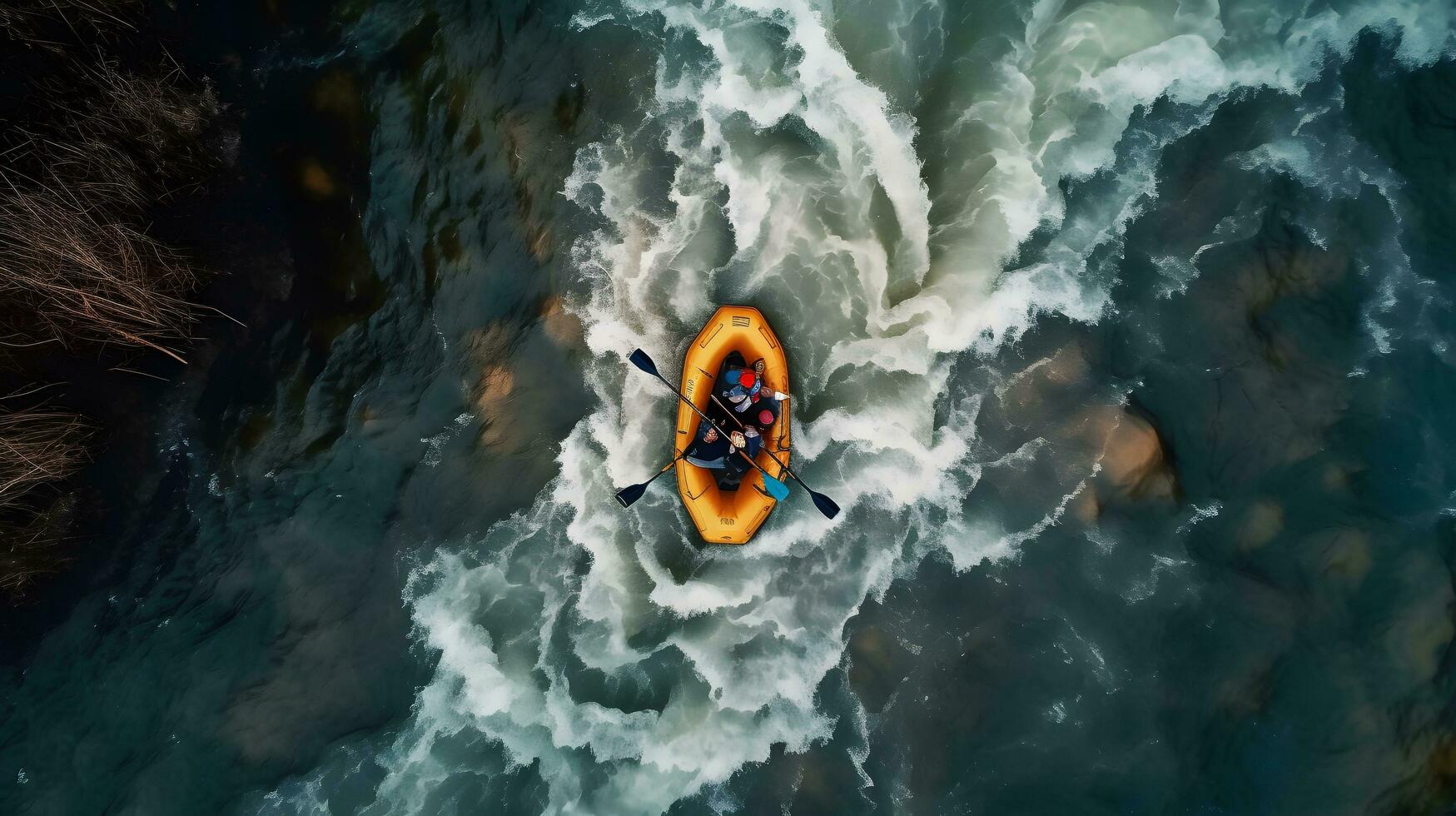 Aerial top view Extreme sport kayak sails mountain river with sun light. Rafting, whitewater kayaking. photo