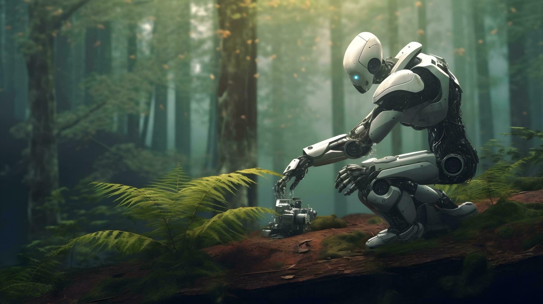 Cute little robot takes care of a plant. Concept for Earth Day, Ecology. photo