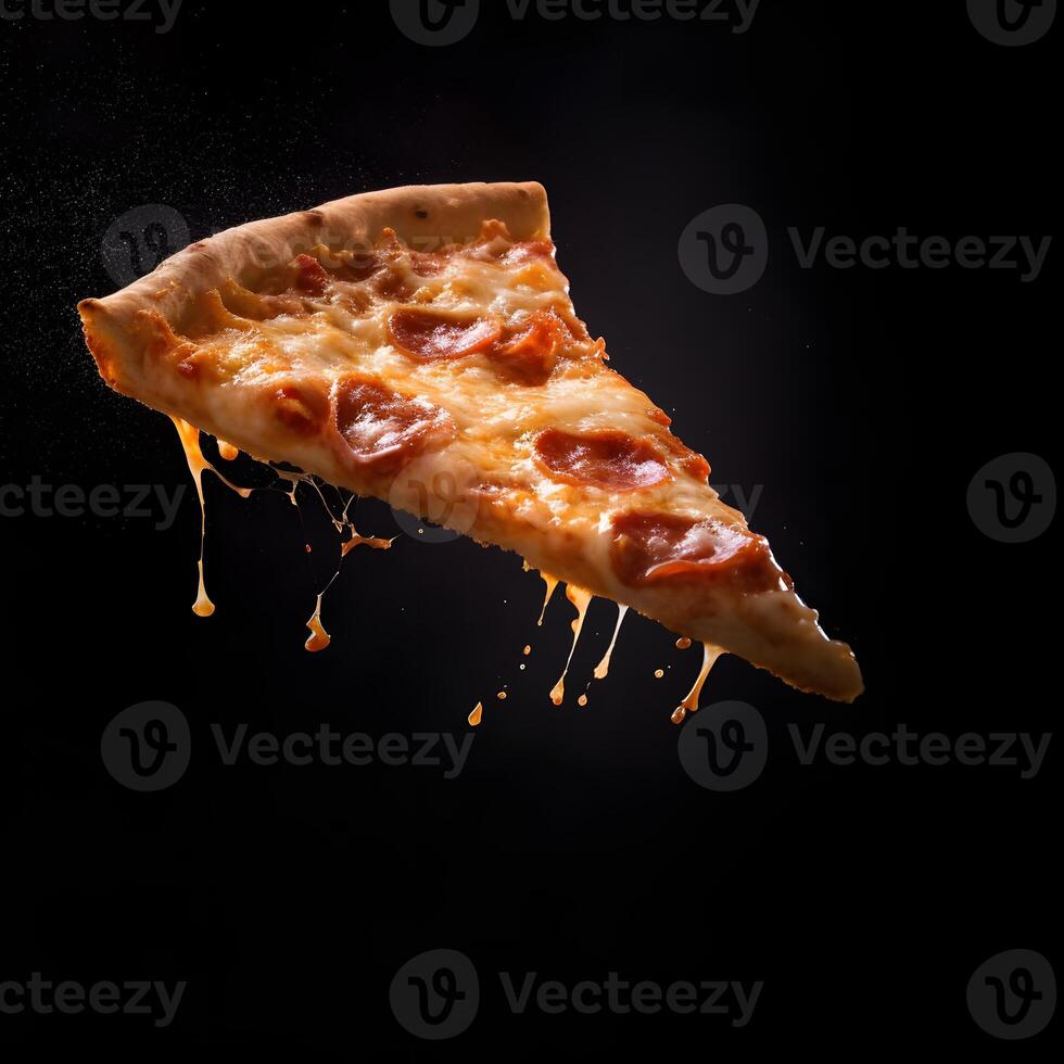 Pizza slice and hot pizza on black background, generative AI photo