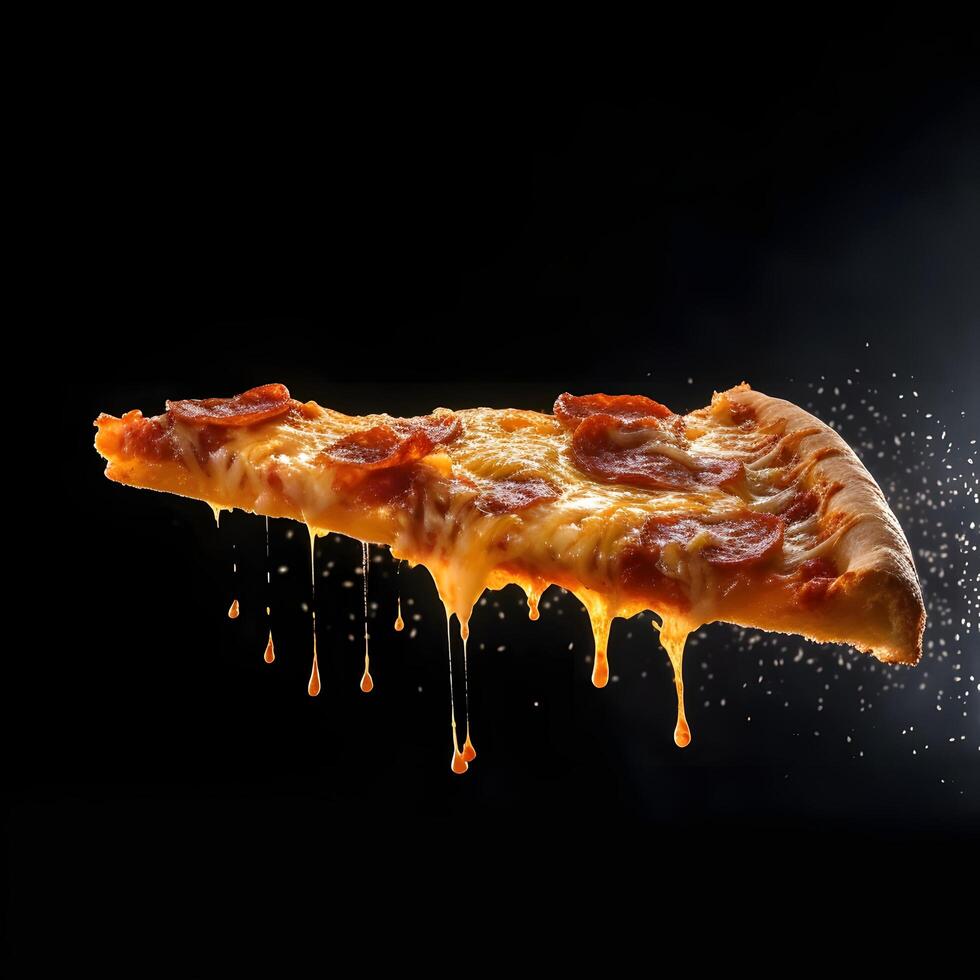 Pizza slice and hot pizza on black background, generative AI photo