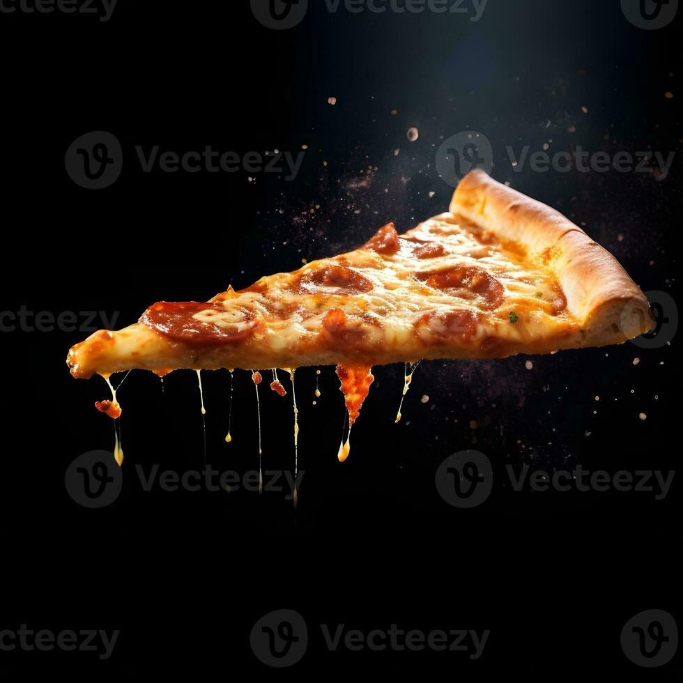 Pizza slice and hot pizza on black background, generative AI photo